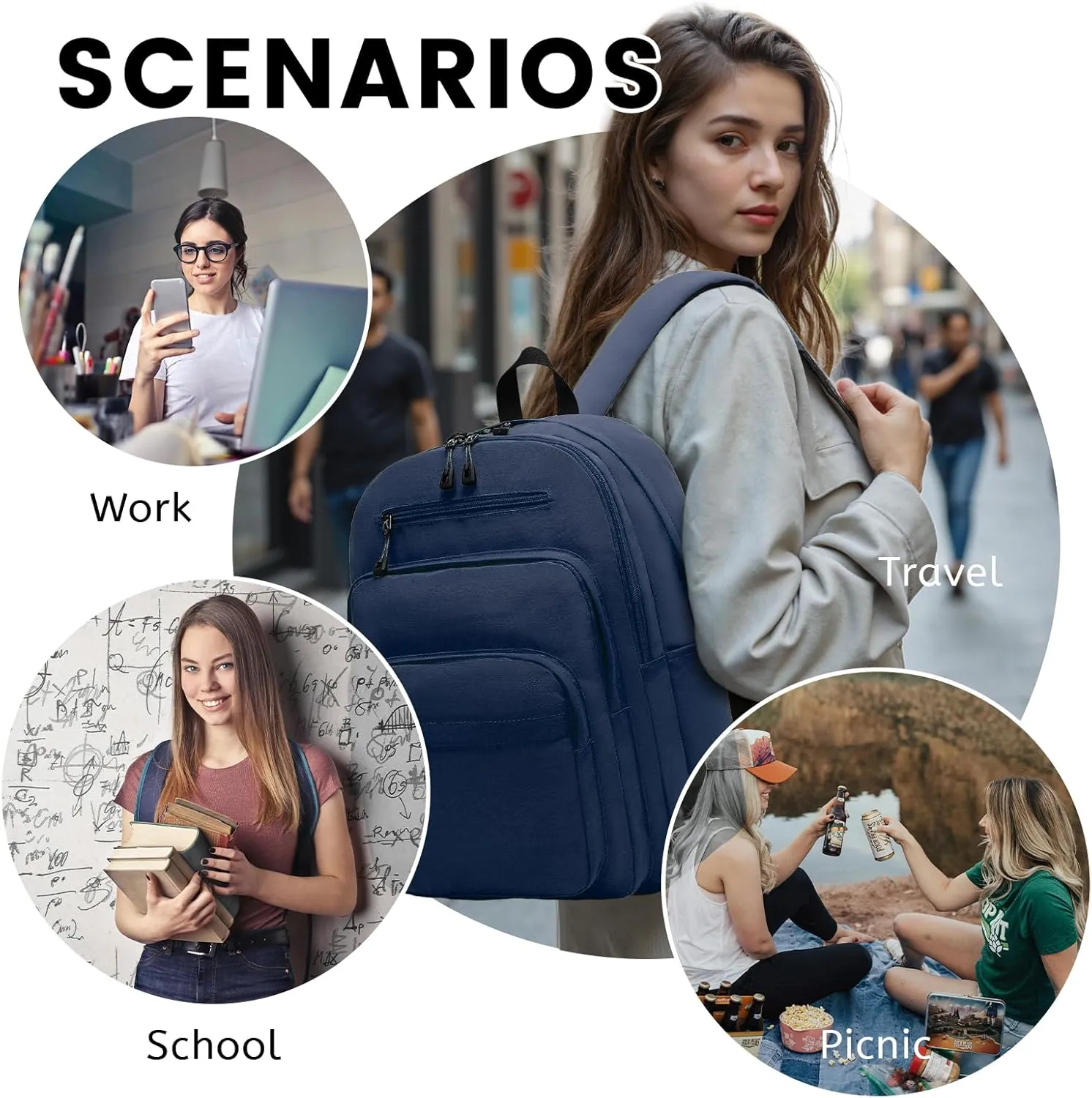 Lanola Basic Multi-Pocket Multipurpose Backpack Classical Water Resistant Bookbag For School Business Travel or Casual Daypack Backpacks - Dark Blue