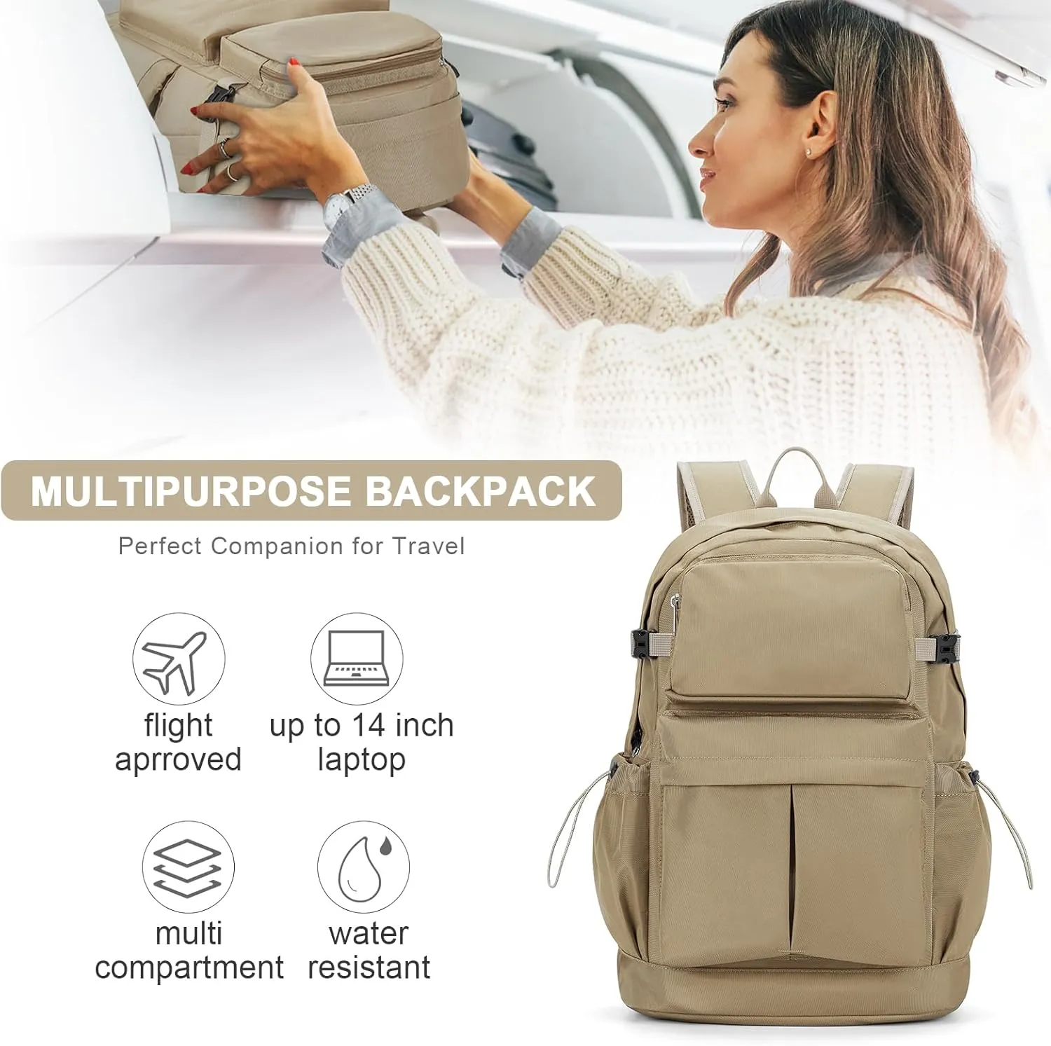 Laptop Backpack For Men Simple College Backpack Lightweight Travel Backpack For Traveling On Airplane Casual Daypack Carry On Backpack(Khaki)