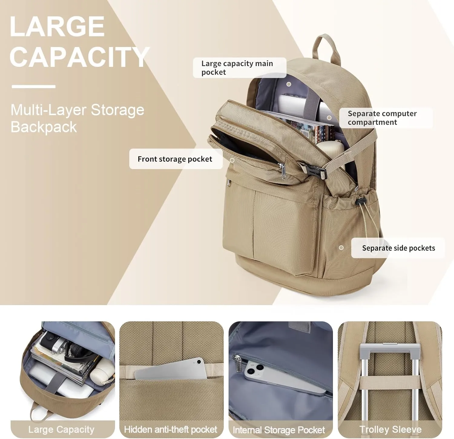 Laptop Backpack For Men Simple College Backpack Lightweight Travel Backpack For Traveling On Airplane Casual Daypack Carry On Backpack(Khaki)