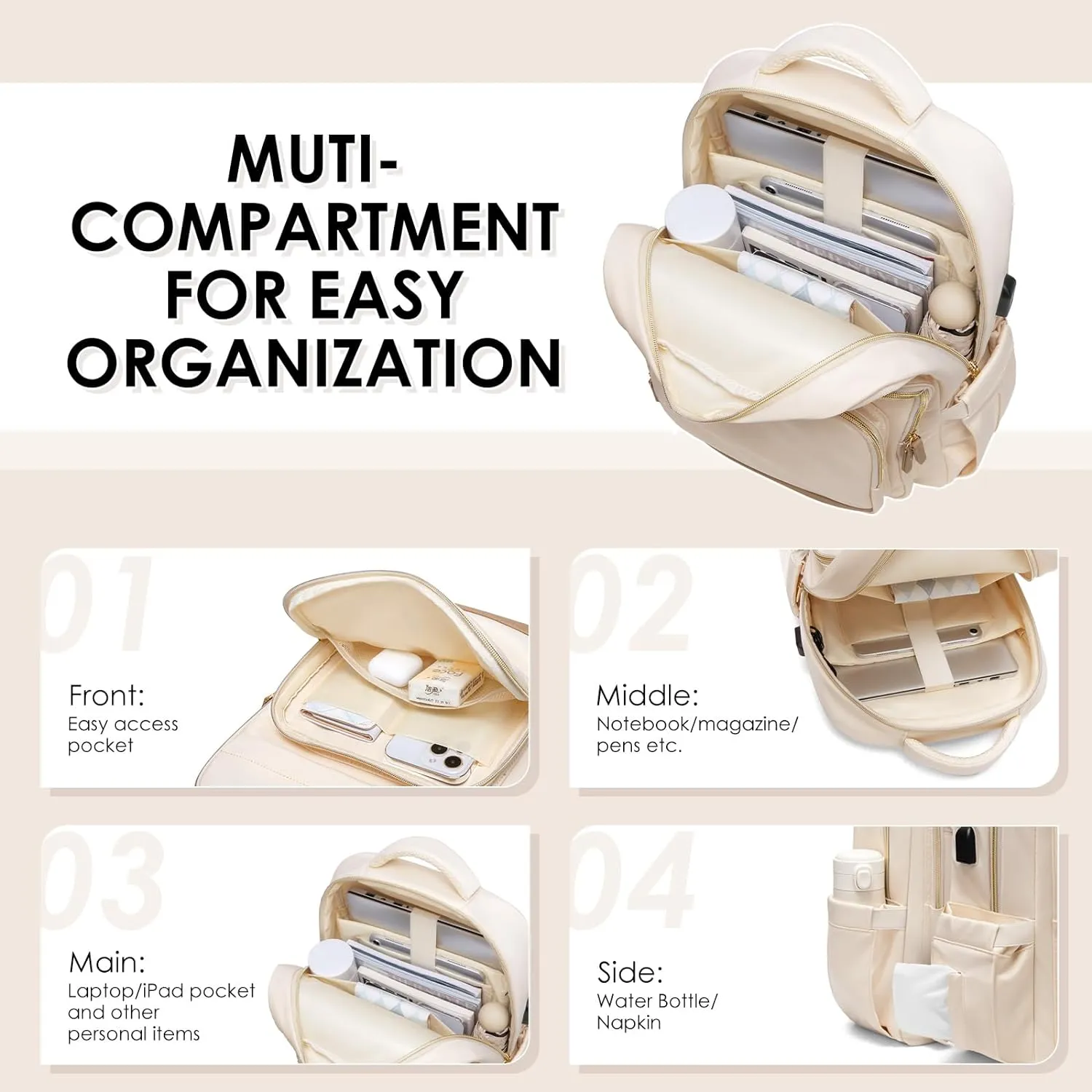 Laptop Backpack for Women,Travel Backpack with Laptop Compartment,Casual Daypack College Bookbag Computer Backpack for Work with Small Organizer Bag,Beige
