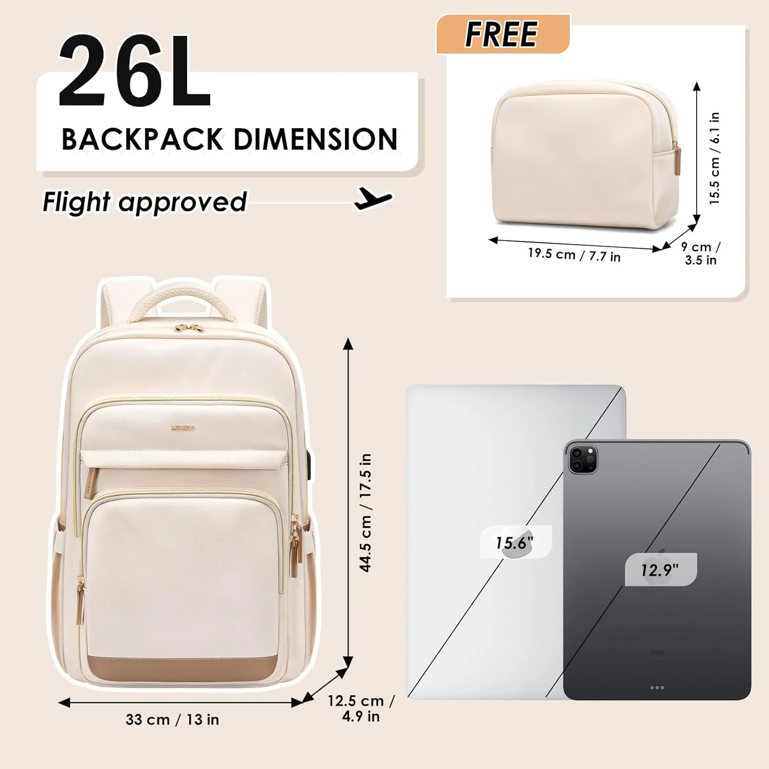 Laptop Backpack for Women,Travel Backpack with Laptop Compartment,Casual Daypack College Bookbag Computer Backpack for Work with Small Organizer Bag,Beige