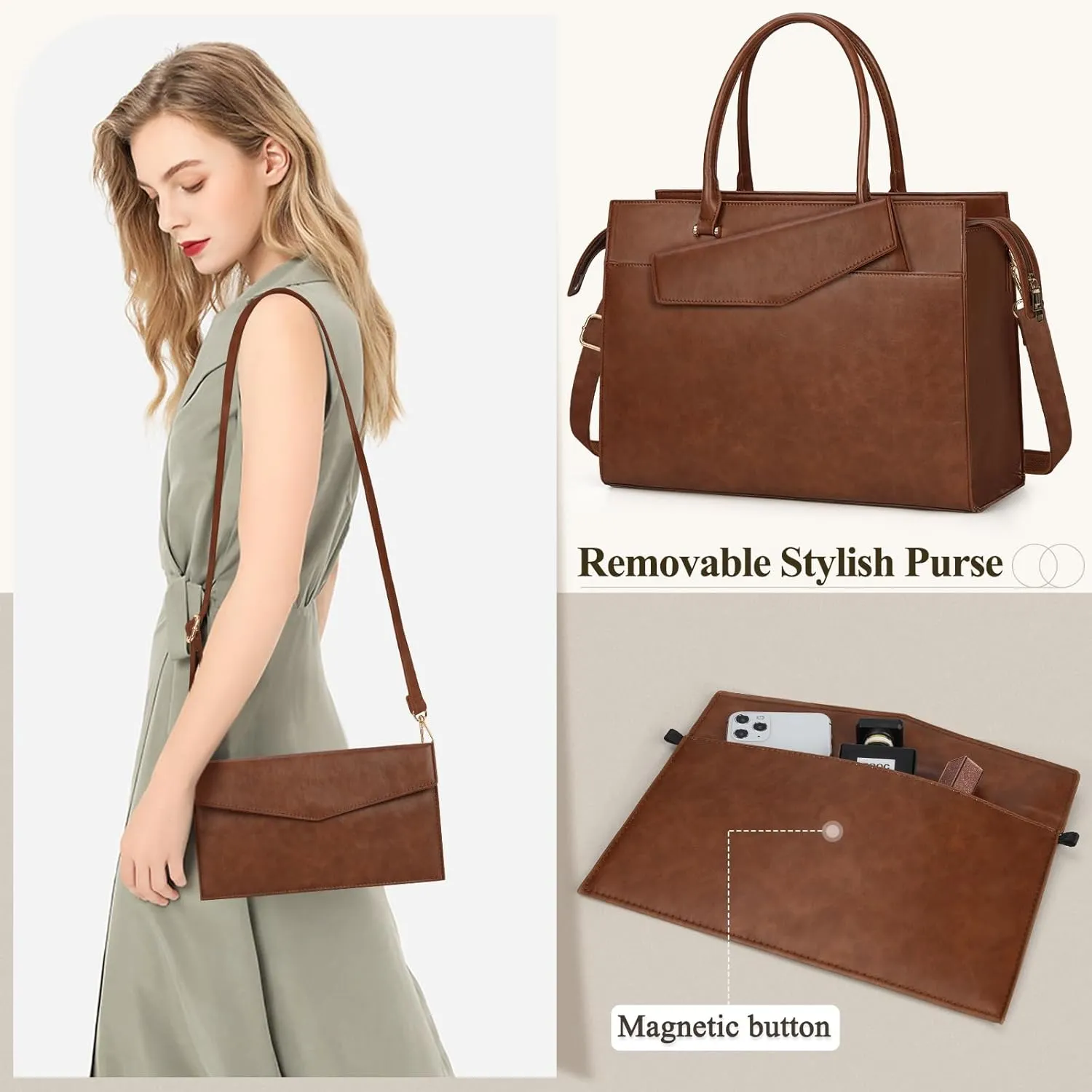 Laptop Bag for Women 15.6 inch Leather Tote Bag 2pcs Set Professional Work Bag with Clutch Purse Large Office Computer Bag Teacher Bag Shoulder Bag (Retro Brown)