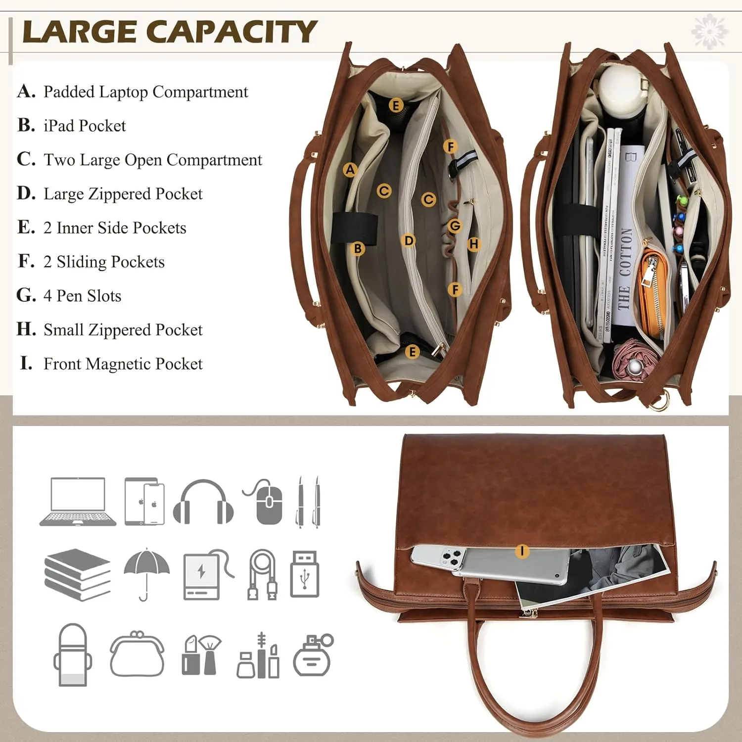 Laptop Bag for Women 15.6 inch Leather Tote Bag 2pcs Set Professional Work Bag with Clutch Purse Large Office Computer Bag Teacher Bag Shoulder Bag (Retro Brown)