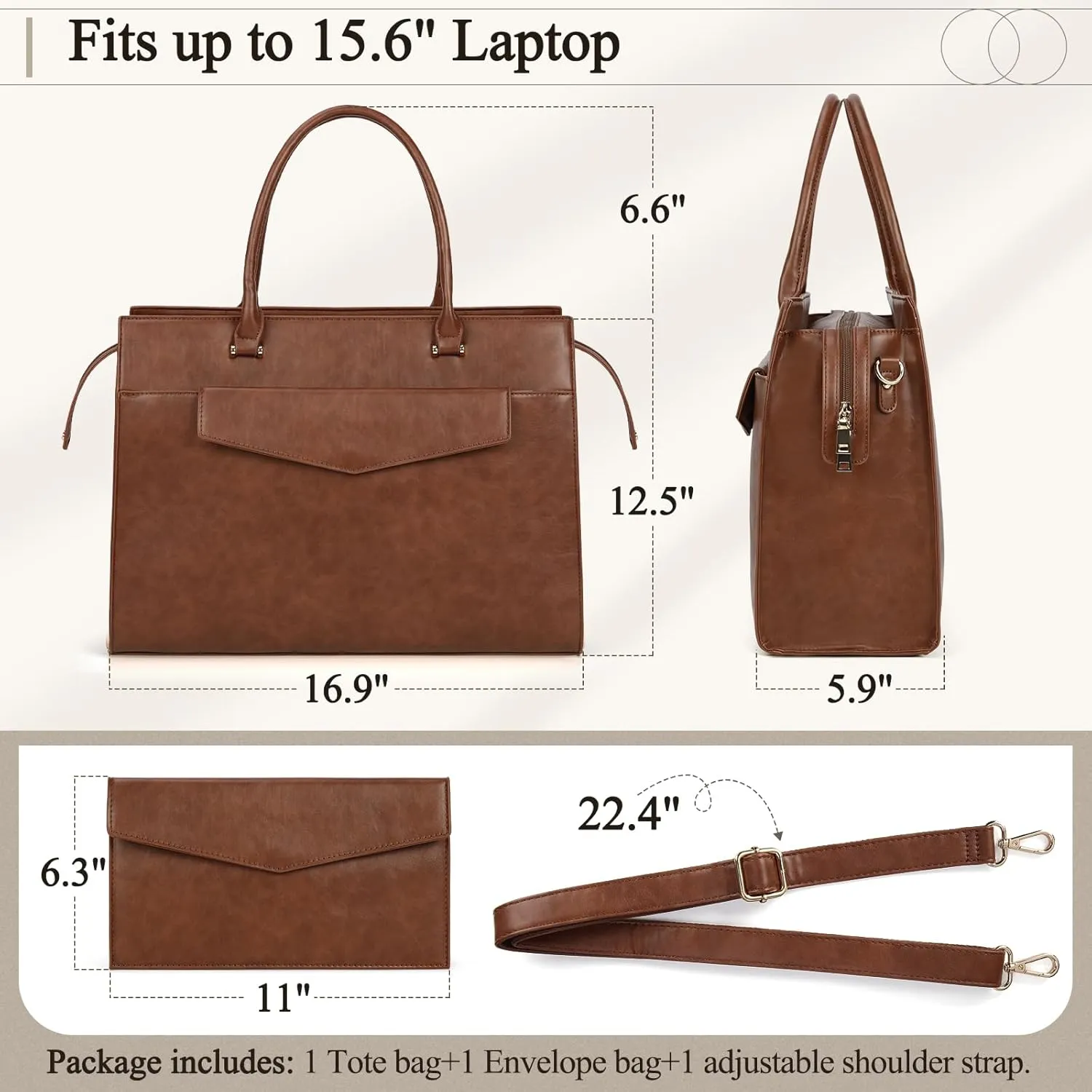 Laptop Bag for Women 15.6 inch Leather Tote Bag 2pcs Set Professional Work Bag with Clutch Purse Large Office Computer Bag Teacher Bag Shoulder Bag (Retro Brown)