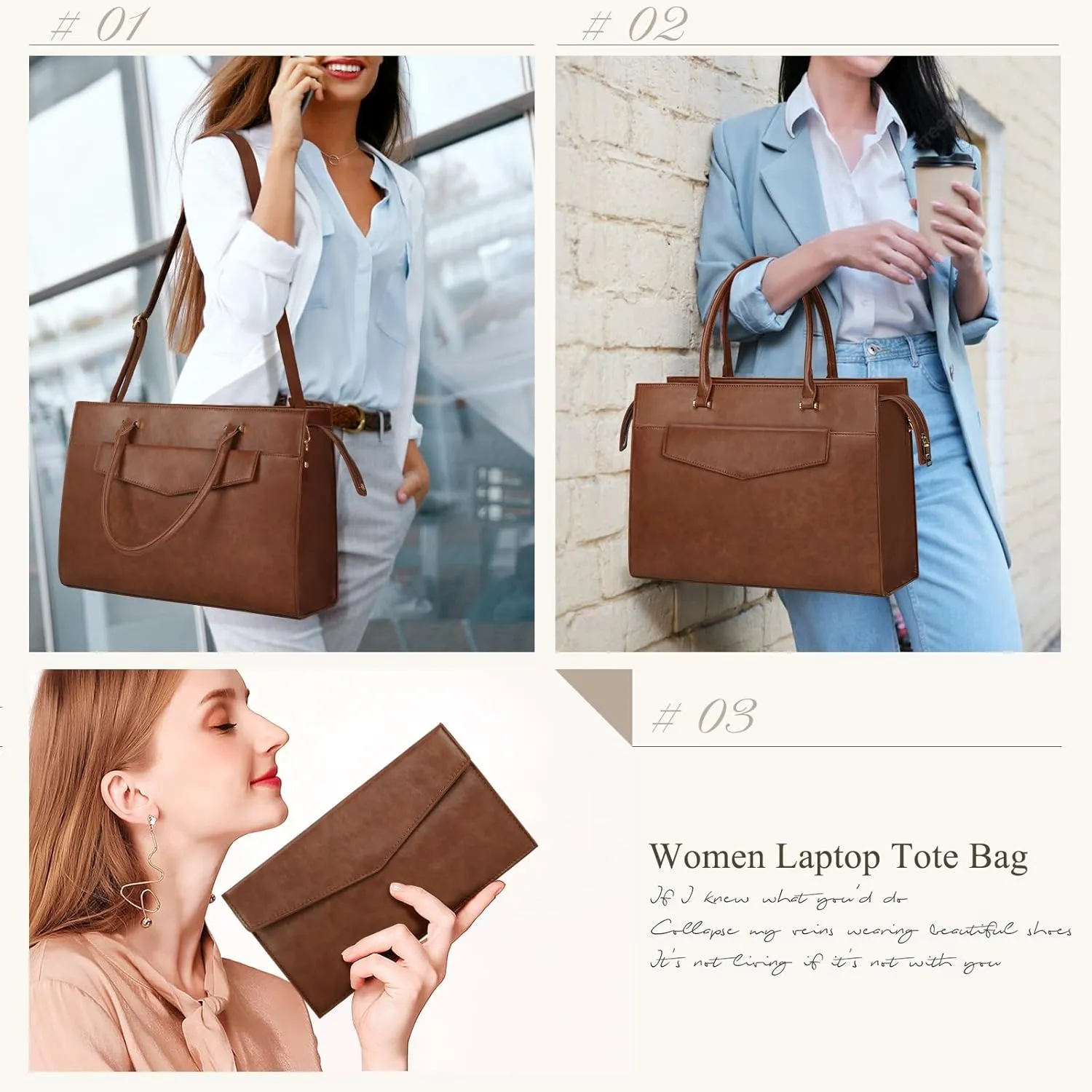 Laptop Bag for Women 15.6 inch Leather Tote Bag 2pcs Set Professional Work Bag with Clutch Purse Large Office Computer Bag Teacher Bag Shoulder Bag (Retro Brown)