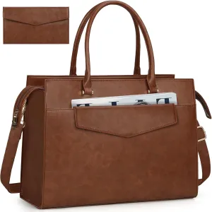 Laptop Bag for Women 15.6 inch Leather Tote Bag 2pcs Set Professional Work Bag with Clutch Purse Large Office Computer Bag Teacher Bag Shoulder Bag (Retro Brown)