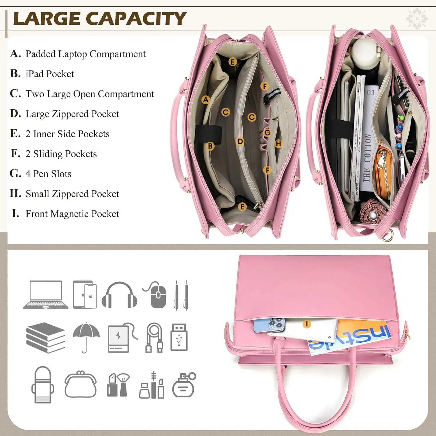 Laptop Bag for Women 15.6 inch Leather Tote Bag 2pcs Set Professional Work Bag with Envelope Clutch Bag Large Office Computer Bag Teacher Bag Shoulder Bag Satchel Purse, Pink