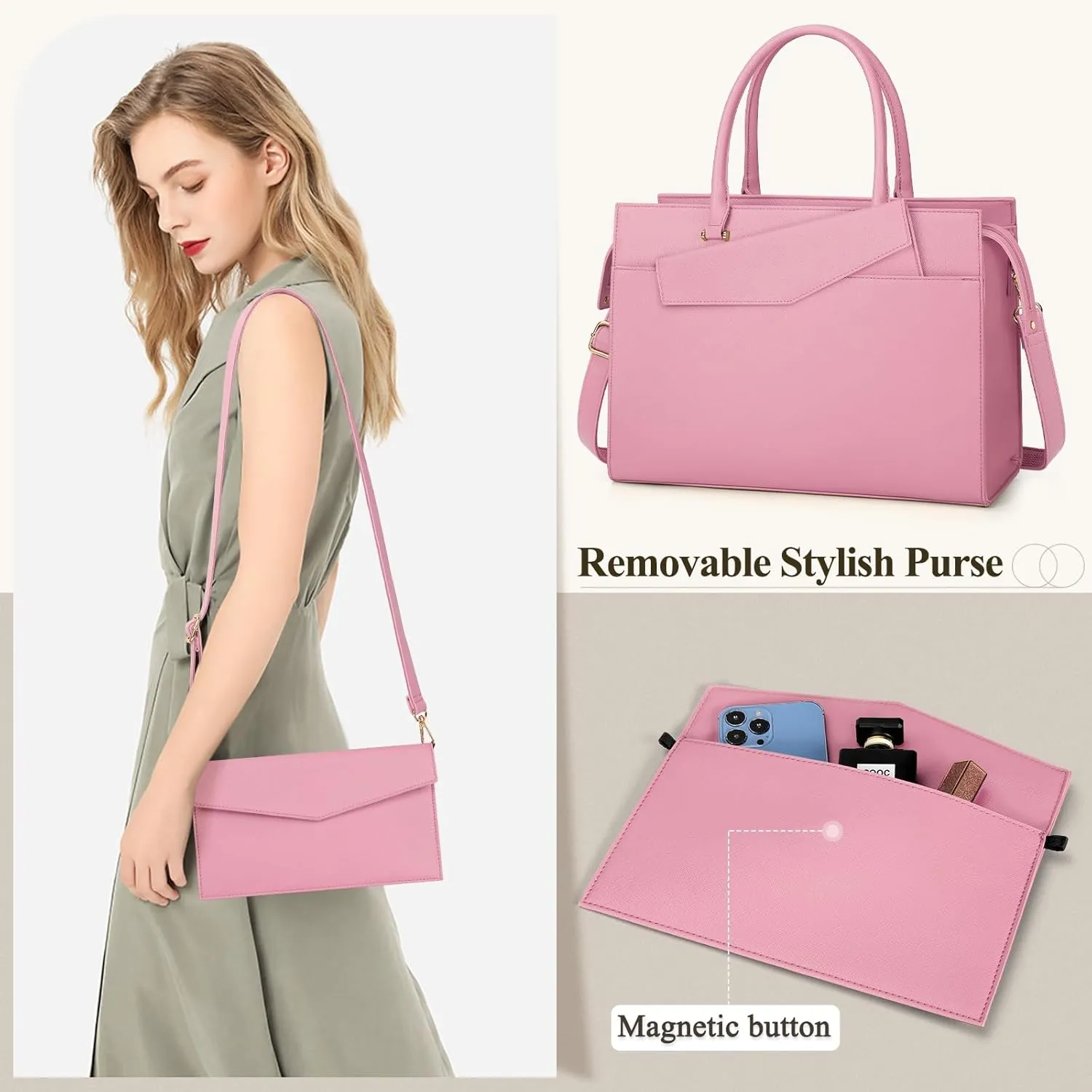 Laptop Bag for Women 15.6 inch Leather Tote Bag 2pcs Set Professional Work Bag with Envelope Clutch Bag Large Office Computer Bag Teacher Bag Shoulder Bag Satchel Purse, Pink