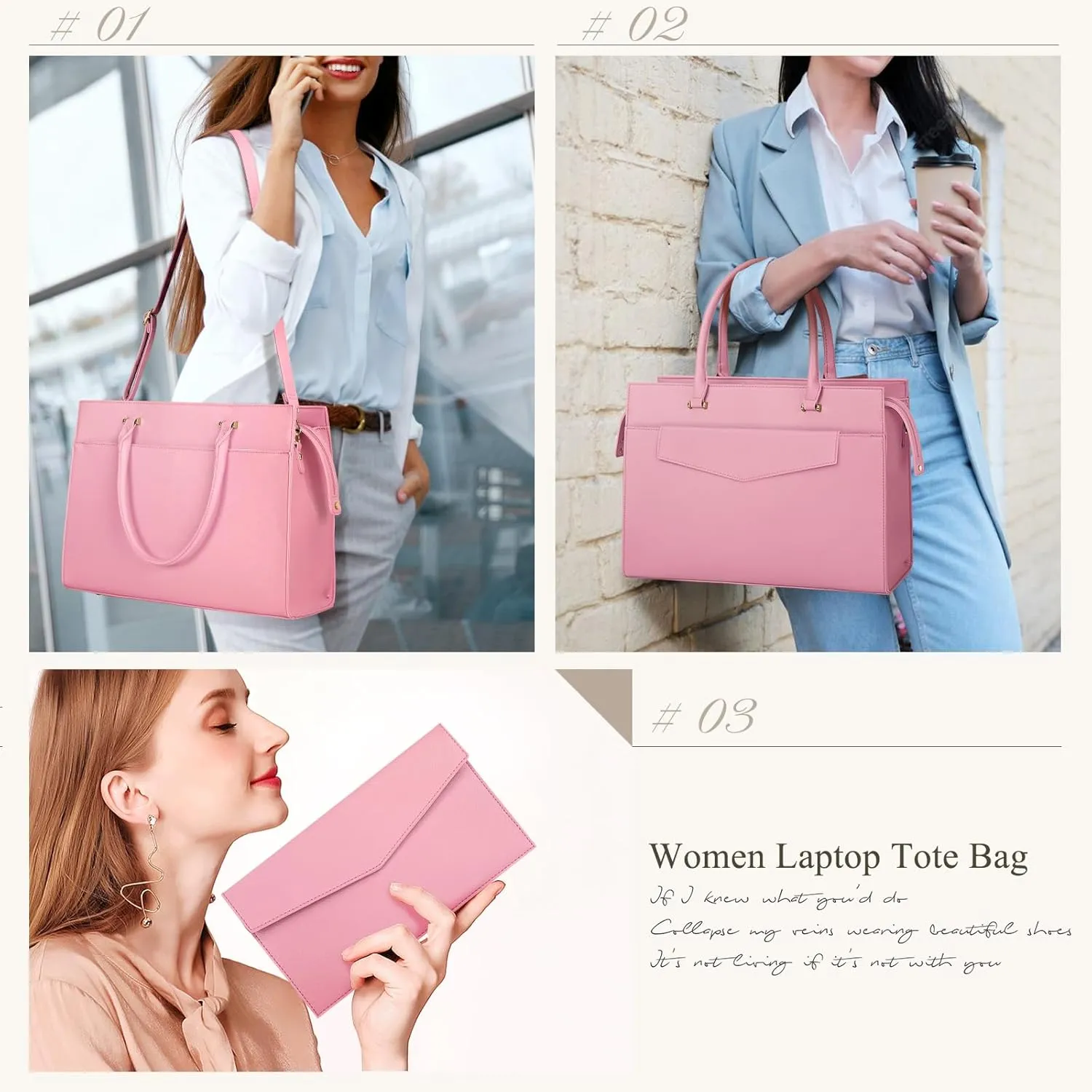 Laptop Bag for Women 15.6 inch Leather Tote Bag 2pcs Set Professional Work Bag with Envelope Clutch Bag Large Office Computer Bag Teacher Bag Shoulder Bag Satchel Purse, Pink