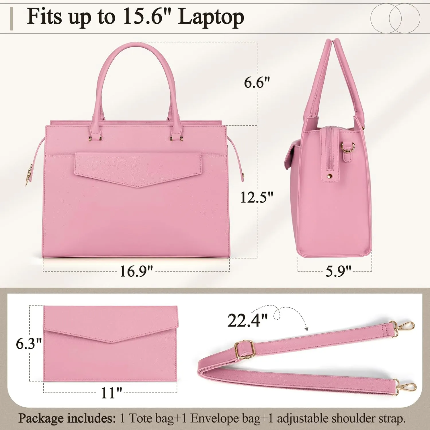 Laptop Bag for Women 15.6 inch Leather Tote Bag 2pcs Set Professional Work Bag with Envelope Clutch Bag Large Office Computer Bag Teacher Bag Shoulder Bag Satchel Purse, Pink