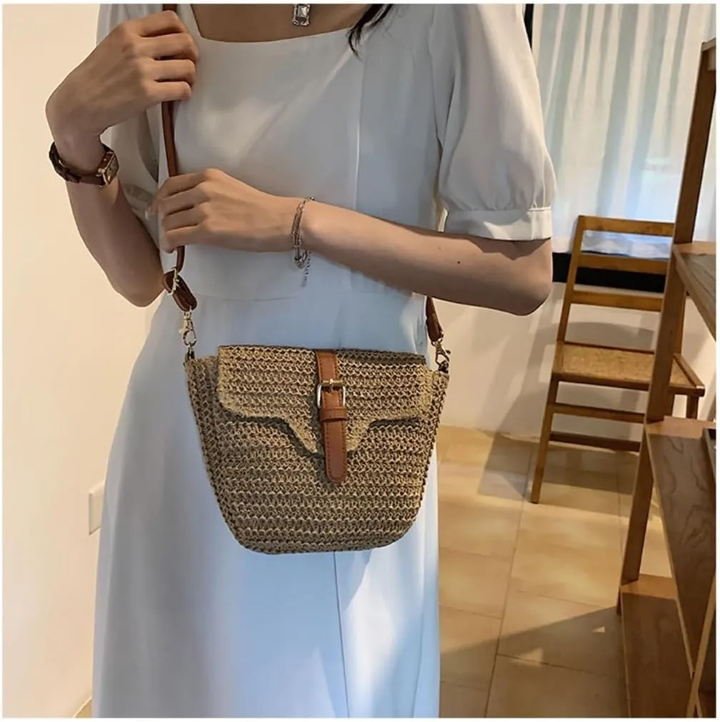 Large capacity Bag Straw Bag, Outing Messenger Bag, Beach Bag, Woven Shoulder Bag, Mobile Phone Bag Ladies shoulder Bag(White)