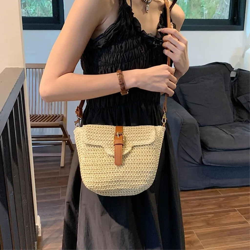 Large capacity Bag Straw Bag, Outing Messenger Bag, Beach Bag, Woven Shoulder Bag, Mobile Phone Bag Ladies shoulder Bag(White)
