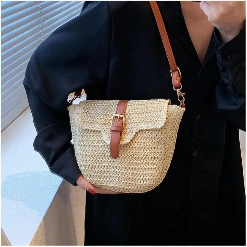 Large capacity Bag Straw Bag, Outing Messenger Bag, Beach Bag, Woven Shoulder Bag, Mobile Phone Bag Ladies shoulder Bag(White)