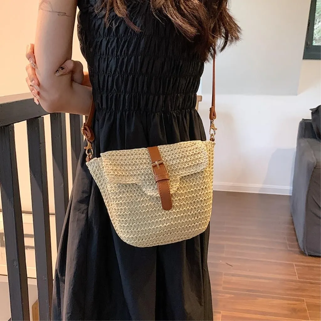 Large capacity Bag Straw Bag, Outing Messenger Bag, Beach Bag, Woven Shoulder Bag, Mobile Phone Bag Ladies shoulder Bag(White)