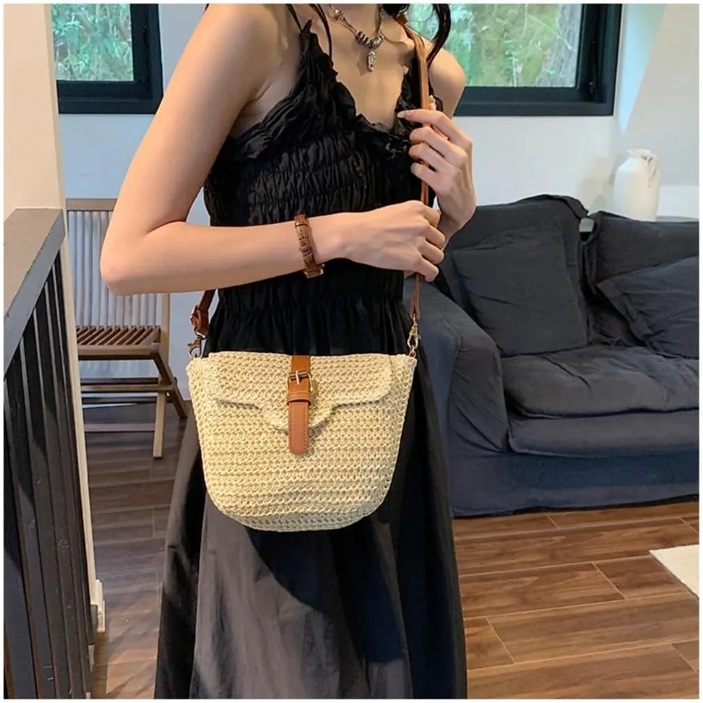 Large capacity Bag Straw Bag, Outing Messenger Bag, Beach Bag, Woven Shoulder Bag, Mobile Phone Bag Ladies shoulder Bag(White)