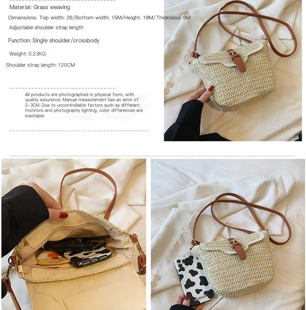 Large capacity Bag Straw Bag, Outing Messenger Bag, Beach Bag, Woven Shoulder Bag, Mobile Phone Bag Ladies shoulder Bag(White)