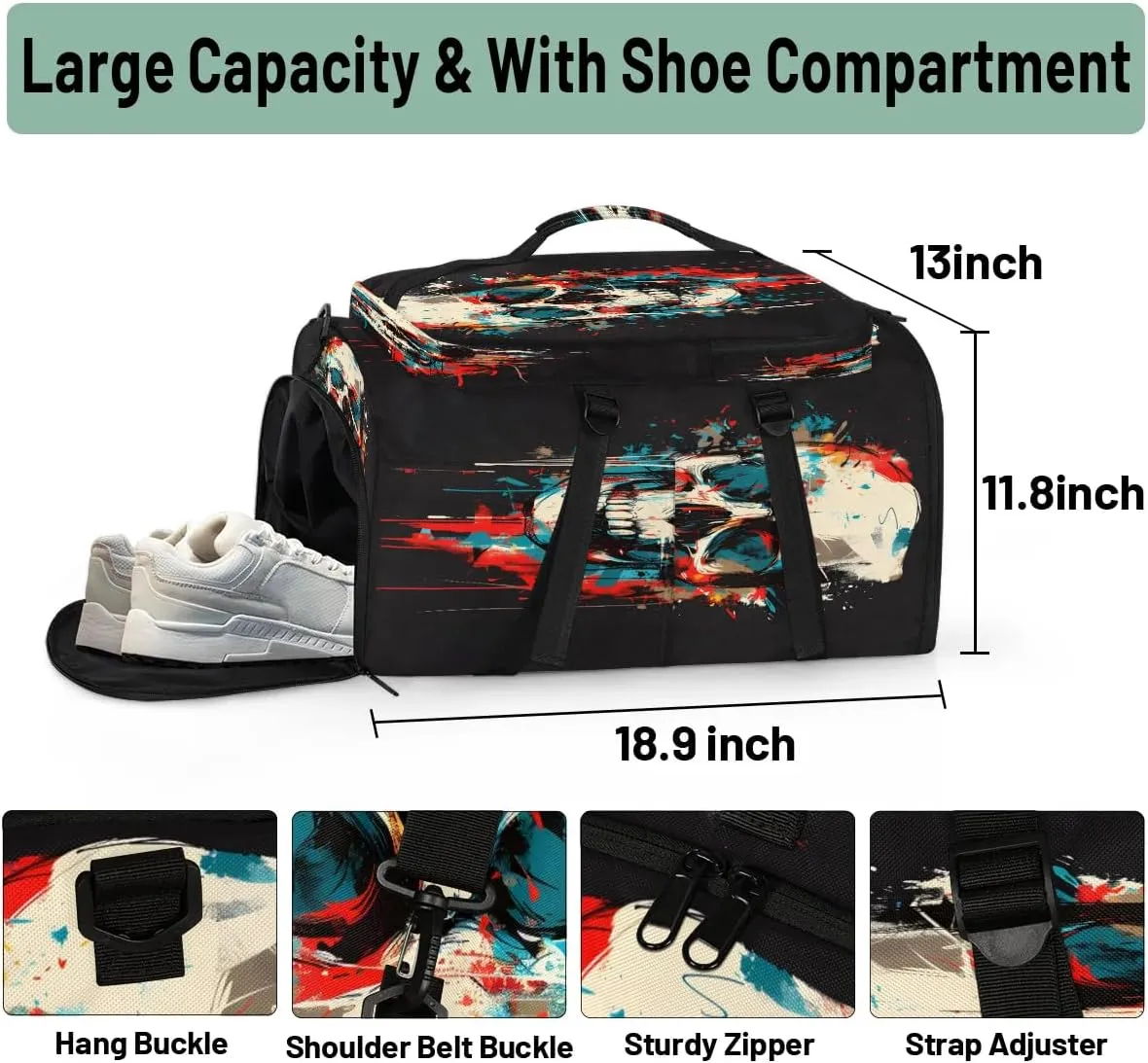 Large Carry on Backpack for Women Men Multi-function Gym Duffle Bag Watercolor Skull Backpack Polyester Waterproof Duffel Bags