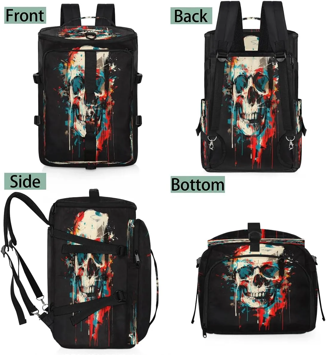 Large Carry on Backpack for Women Men Multi-function Gym Duffle Bag Watercolor Skull Backpack Polyester Waterproof Duffel Bags