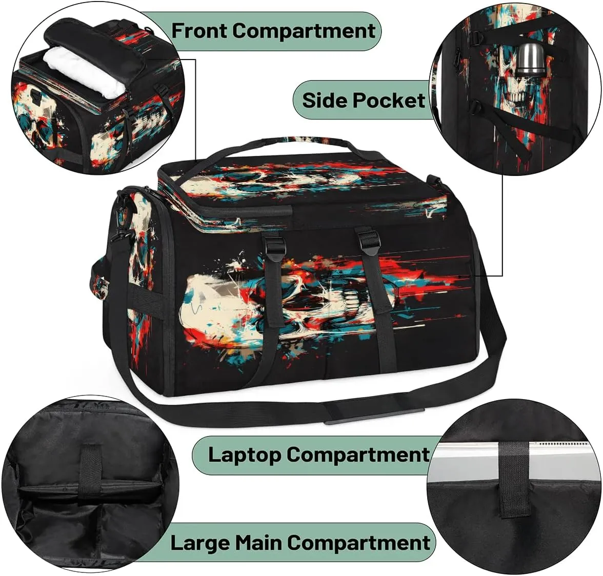 Large Carry on Backpack for Women Men Multi-function Gym Duffle Bag Watercolor Skull Backpack Polyester Waterproof Duffel Bags