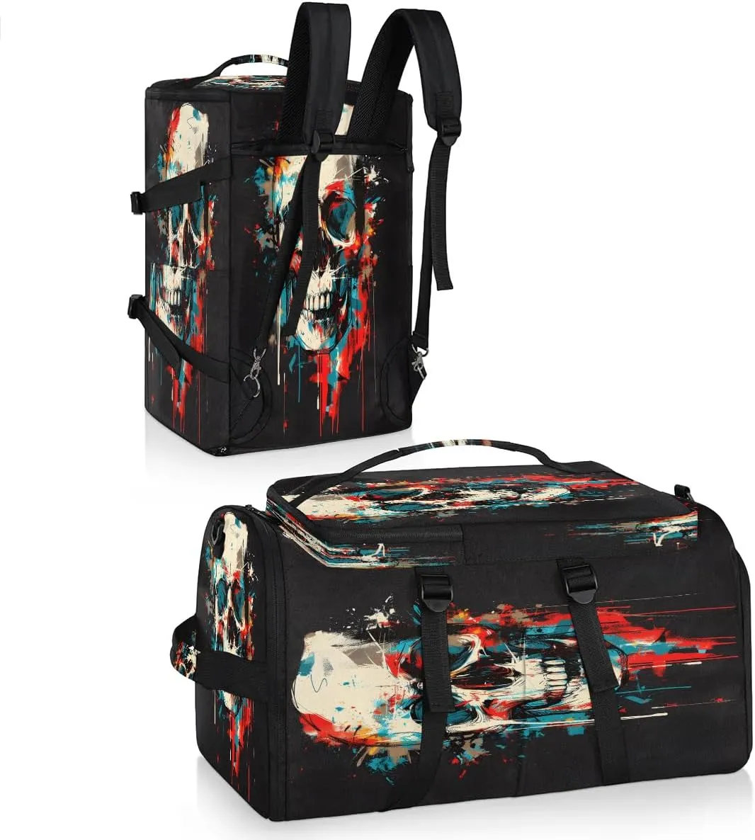 Large Carry on Backpack for Women Men Multi-function Gym Duffle Bag Watercolor Skull Backpack Polyester Waterproof Duffel Bags