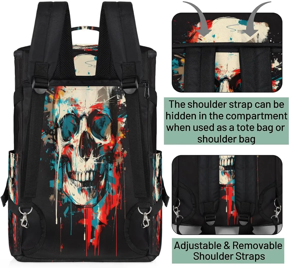 Large Carry on Backpack for Women Men Multi-function Gym Duffle Bag Watercolor Skull Backpack Polyester Waterproof Duffel Bags