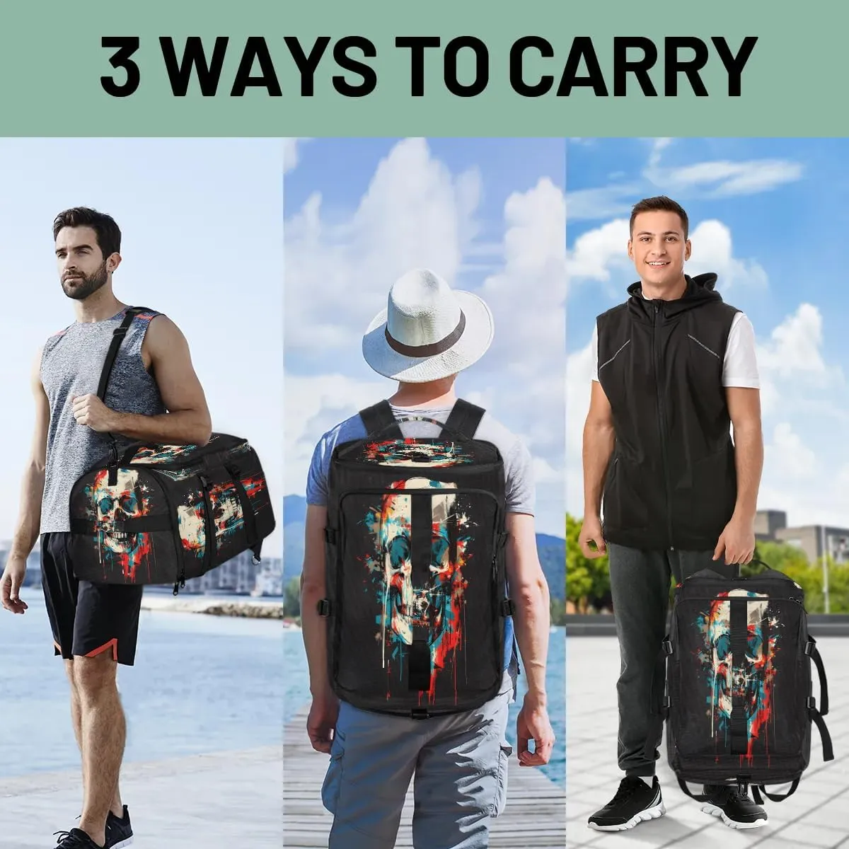 Large Carry on Backpack for Women Men Multi-function Gym Duffle Bag Watercolor Skull Backpack Polyester Waterproof Duffel Bags
