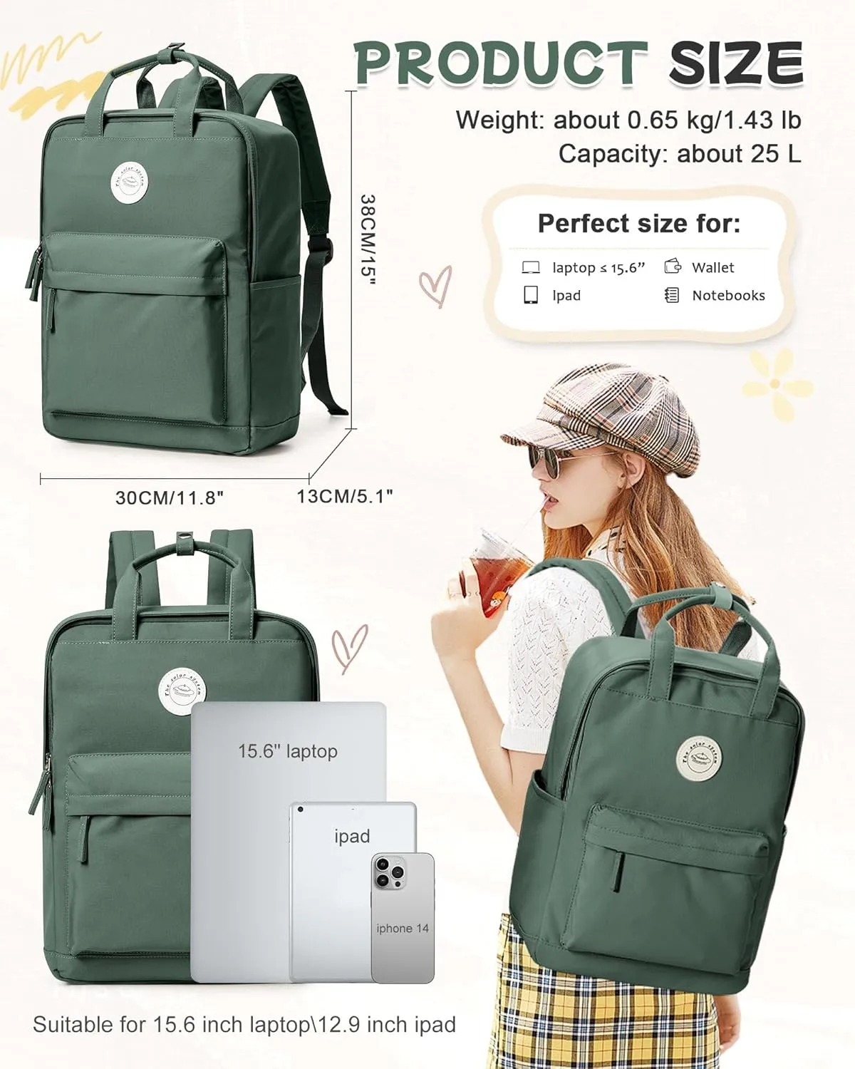 Large Olive Green Cute School Backpack with Laptop Compartment Small Travel Laptop Backpack for Women Men Waterproof College Backpack Simple School Bag for Teens Girls Boys
