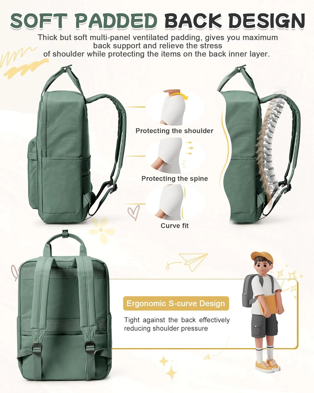 Large Olive Green Cute School Backpack with Laptop Compartment Small Travel Laptop Backpack for Women Men Waterproof College Backpack Simple School Bag for Teens Girls Boys
