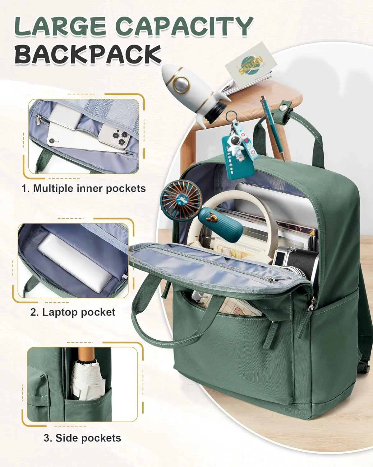Large Olive Green Cute School Backpack with Laptop Compartment Small Travel Laptop Backpack for Women Men Waterproof College Backpack Simple School Bag for Teens Girls Boys