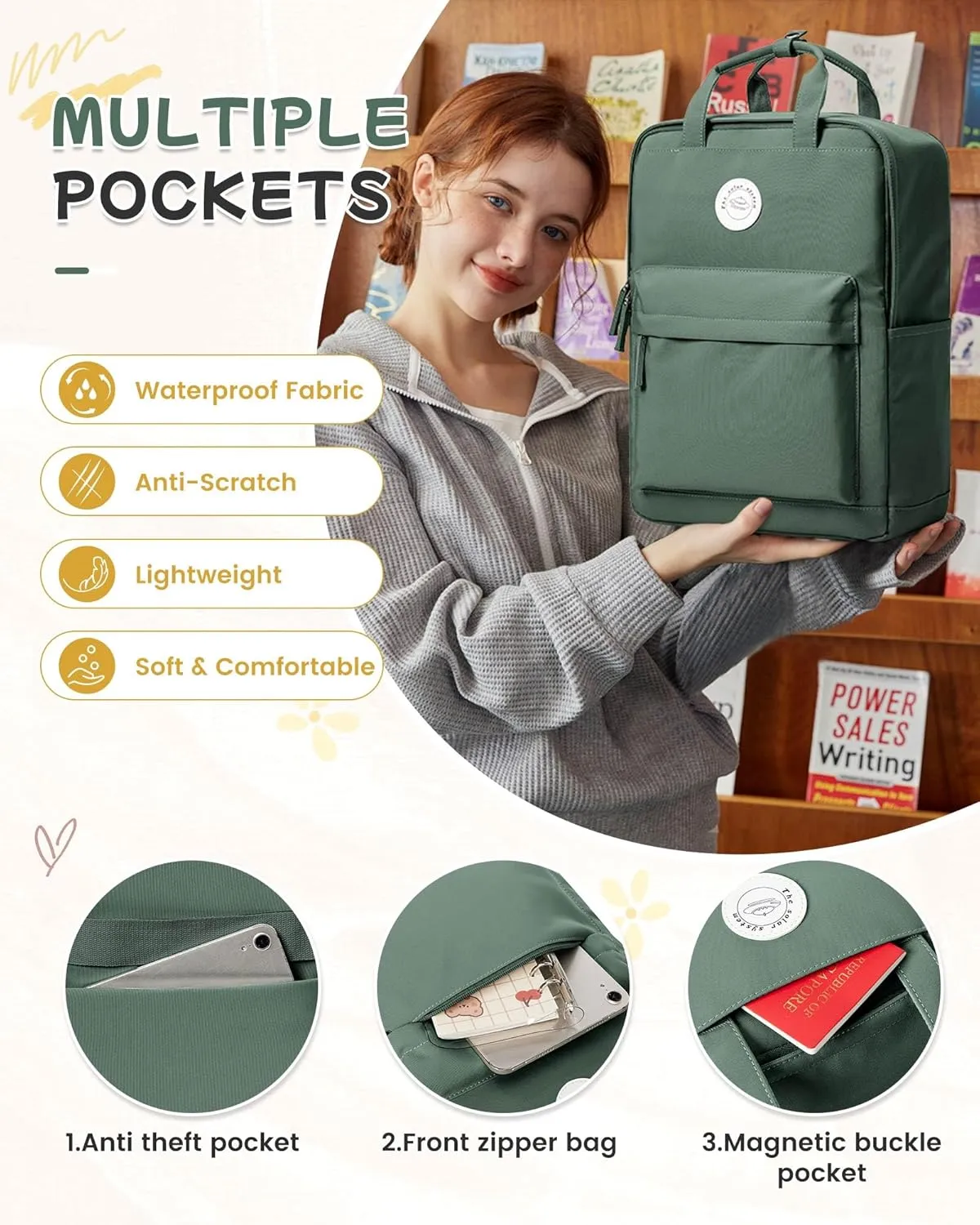 Large Olive Green Cute School Backpack with Laptop Compartment Small Travel Laptop Backpack for Women Men Waterproof College Backpack Simple School Bag for Teens Girls Boys
