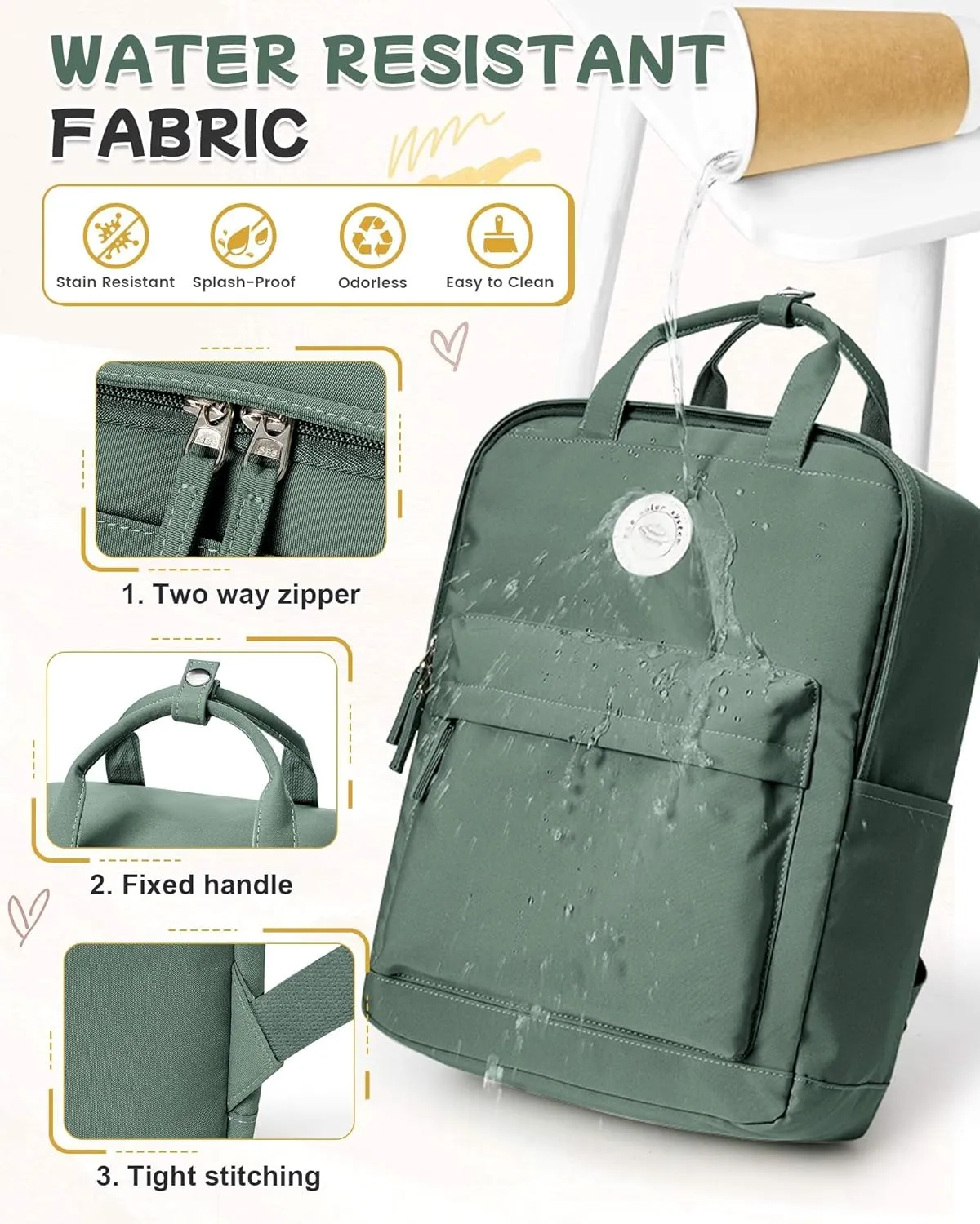 Large Olive Green Cute School Backpack with Laptop Compartment Small Travel Laptop Backpack for Women Men Waterproof College Backpack Simple School Bag for Teens Girls Boys