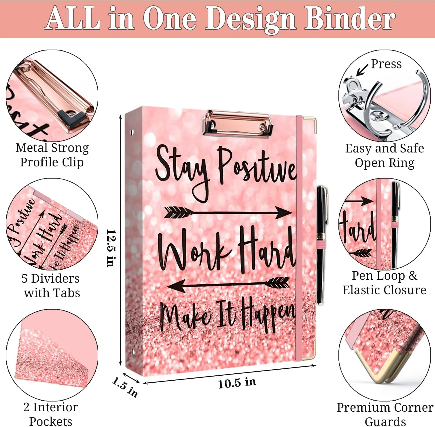 Lateefah 3 Ring Binder, 1 Inch Binder Organizer for Letter Size(8.5'' x 11'') with 5-Tab Dividers and Pockets, File Folders with Low Profile Clipboard for Office, School Supplies