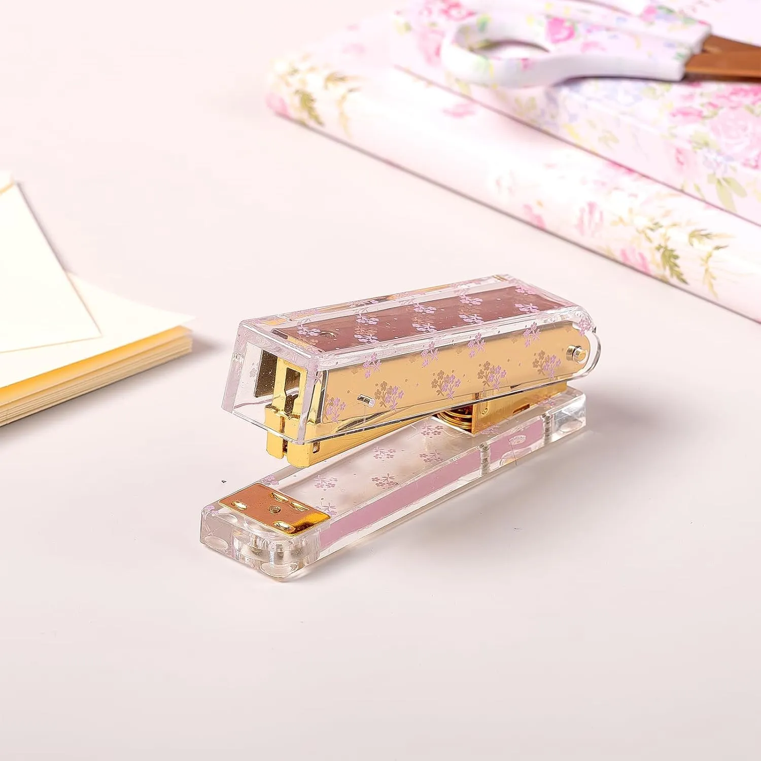 Laura Ashley English Garden Mini Stapler – Stylish Gold & Acrylic Desk Stapler with Floral Accents – Compact 5” Aesthetic Office Stapler for Home, School & Work – Gift-Ready Packaging