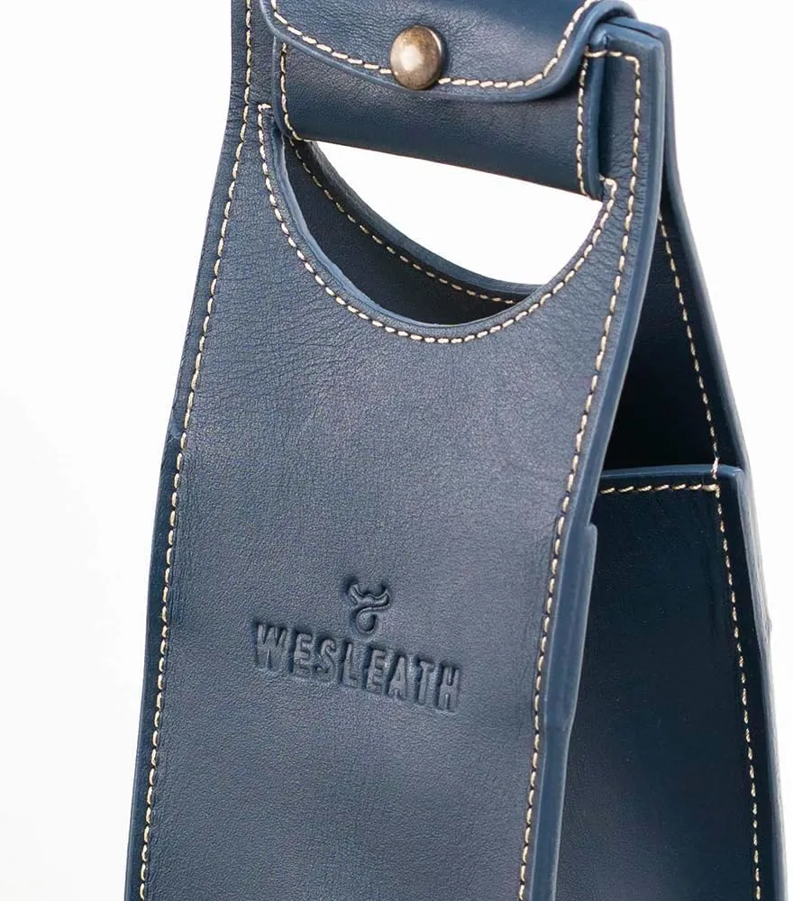 Leather Tote Wine Carrier Bag | Premium Quality Single Bottle Carry with Strong Handles, Full Grain Leather & Metal Buckle - Protective Carrier for Picnic, Wine Champagne Gift Bag in Marine Blue