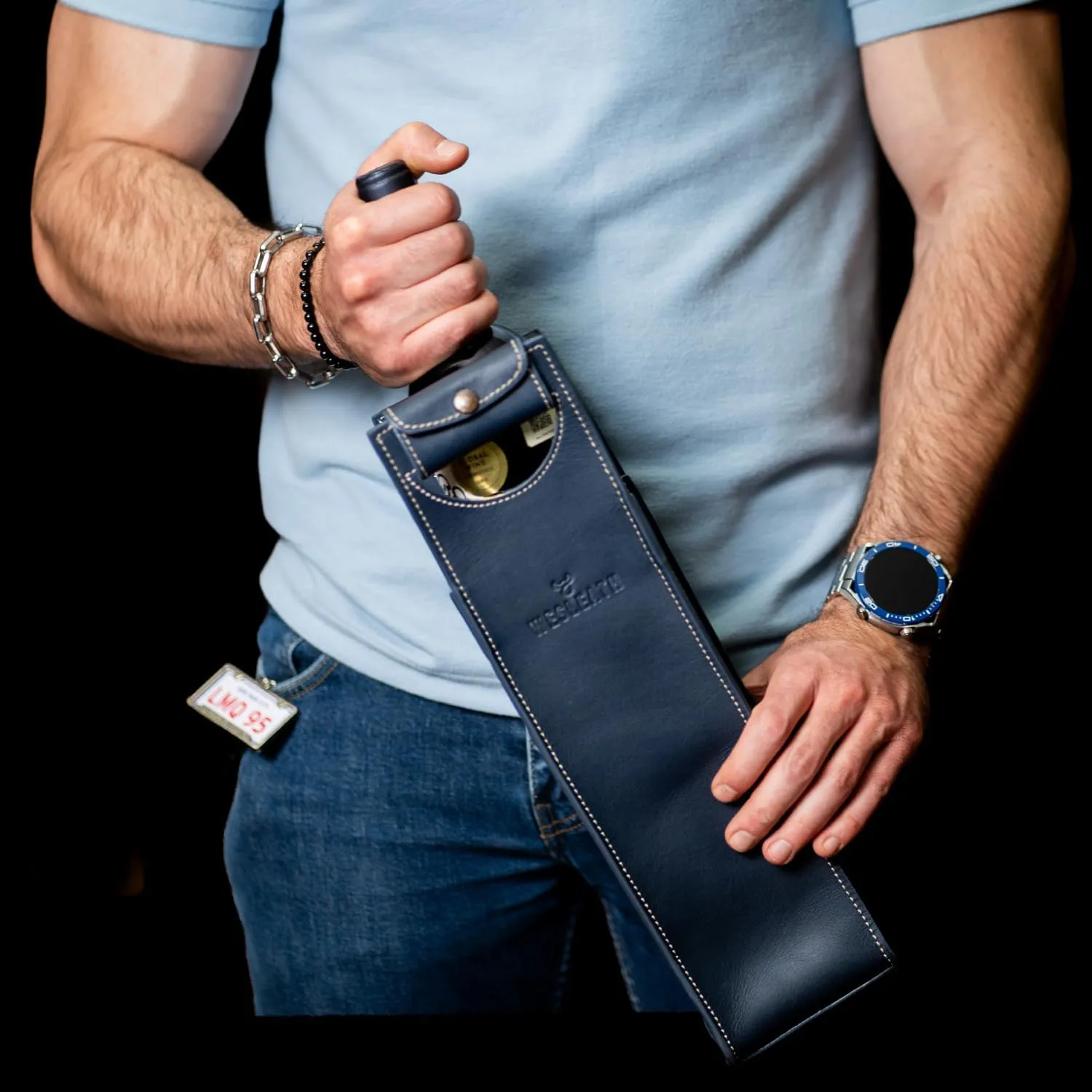 Leather Tote Wine Carrier Bag | Premium Quality Single Bottle Carry with Strong Handles, Full Grain Leather & Metal Buckle - Protective Carrier for Picnic, Wine Champagne Gift Bag in Marine Blue