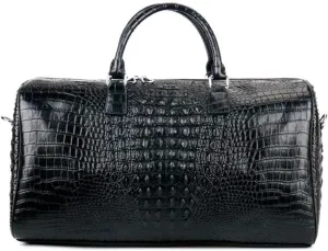 Leather Travel Duffel Bag for Men men, Black Vintage Crocodile Pattern Weekender Overnight Luggage Carryon Handbag Sports Overnight Gym Luggage Weekend Tot