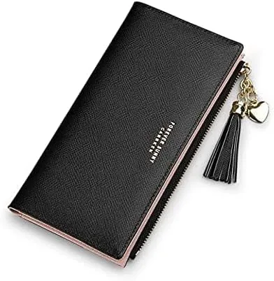 Leather Wallet Women's Pu Leather Wallet Long Large Capacity Zipper Purse Clutch for Ladies Girls Fashion Tassel Coin Holder Large Capacity (Bk,10x19cm)