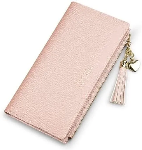 Leather Wallet Women's Pu Leather Wallet Long Large Capacity Zipper Purse Clutch for Ladies Girls Fashion Tassel Coin Holder Large Capacity (Pk,10x19cm)