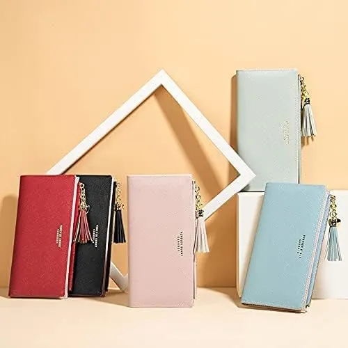 Leather Wallet Women's Pu Leather Wallet Long Large Capacity Zipper Purse Clutch for Ladies Girls Fashion Tassel Coin Holder Large Capacity (Pk,10x19cm)