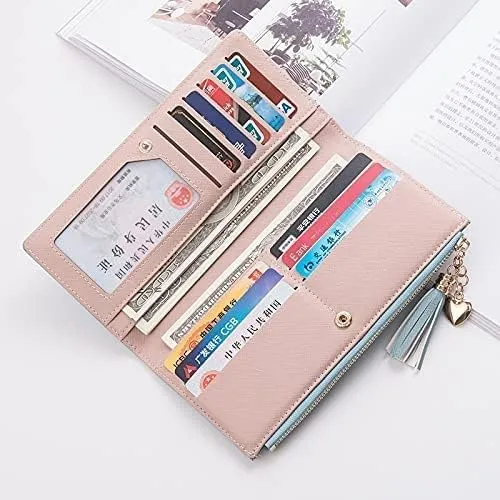 Leather Wallet Women's Pu Leather Wallet Long Large Capacity Zipper Purse Clutch for Ladies Girls Fashion Tassel Coin Holder Large Capacity (Pk,10x19cm)