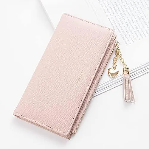 Leather Wallet Women's Pu Leather Wallet Long Large Capacity Zipper Purse Clutch for Ladies Girls Fashion Tassel Coin Holder Large Capacity (Re,10x19cm)