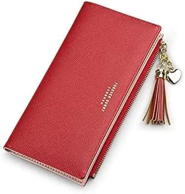 Leather Wallet Women's Pu Leather Wallet Long Large Capacity Zipper Purse Clutch for Ladies Girls Fashion Tassel Coin Holder Large Capacity (Re,10x19cm)