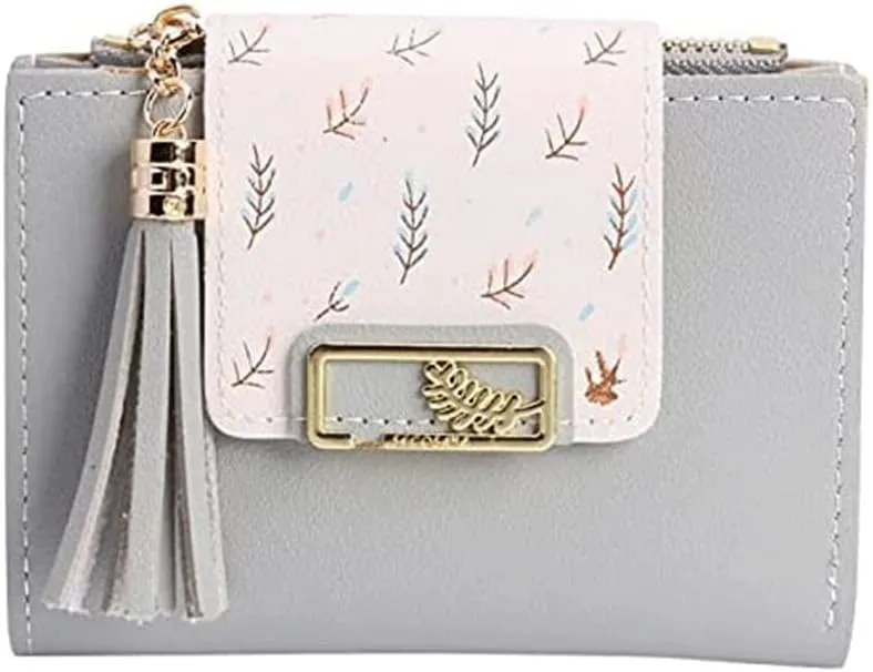 Leather Wallet Women's Pu Leather Wallet Short Mini Fringe Zipper Purse Clutch for Girls Slim Coin Pocket Large Capacity Card Holder Large Capacity (Gy,9.7x11.6cm)