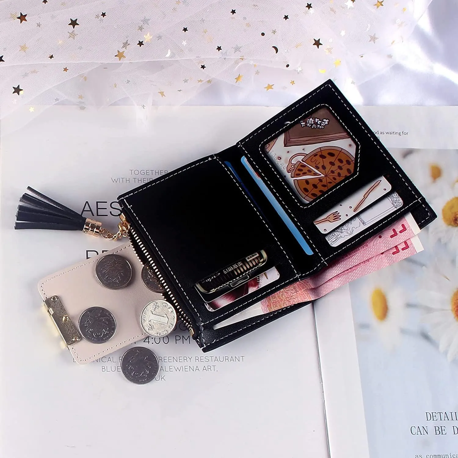 Leather Wallet Women's Pu Leather Wallet Short Mini Fringe Zipper Purse Clutch for Girls Slim Coin Pocket Large Capacity Card Holder Large Capacity (Pk 1,9.7x11.6cm)