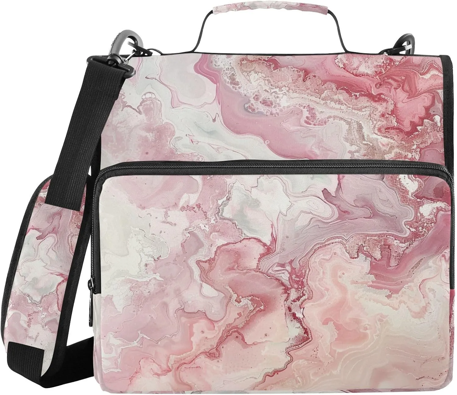 Light Pink Marble Simple Zipper Binder with Shoulder Strap Trapper Keeper 3 Ring Binder Organizer Large Capacity Multiple Compartments for School Office