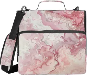 Light Pink Marble Simple Zipper Binder with Shoulder Strap Trapper Keeper 3 Ring Binder Organizer Large Capacity Multiple Compartments for School Office