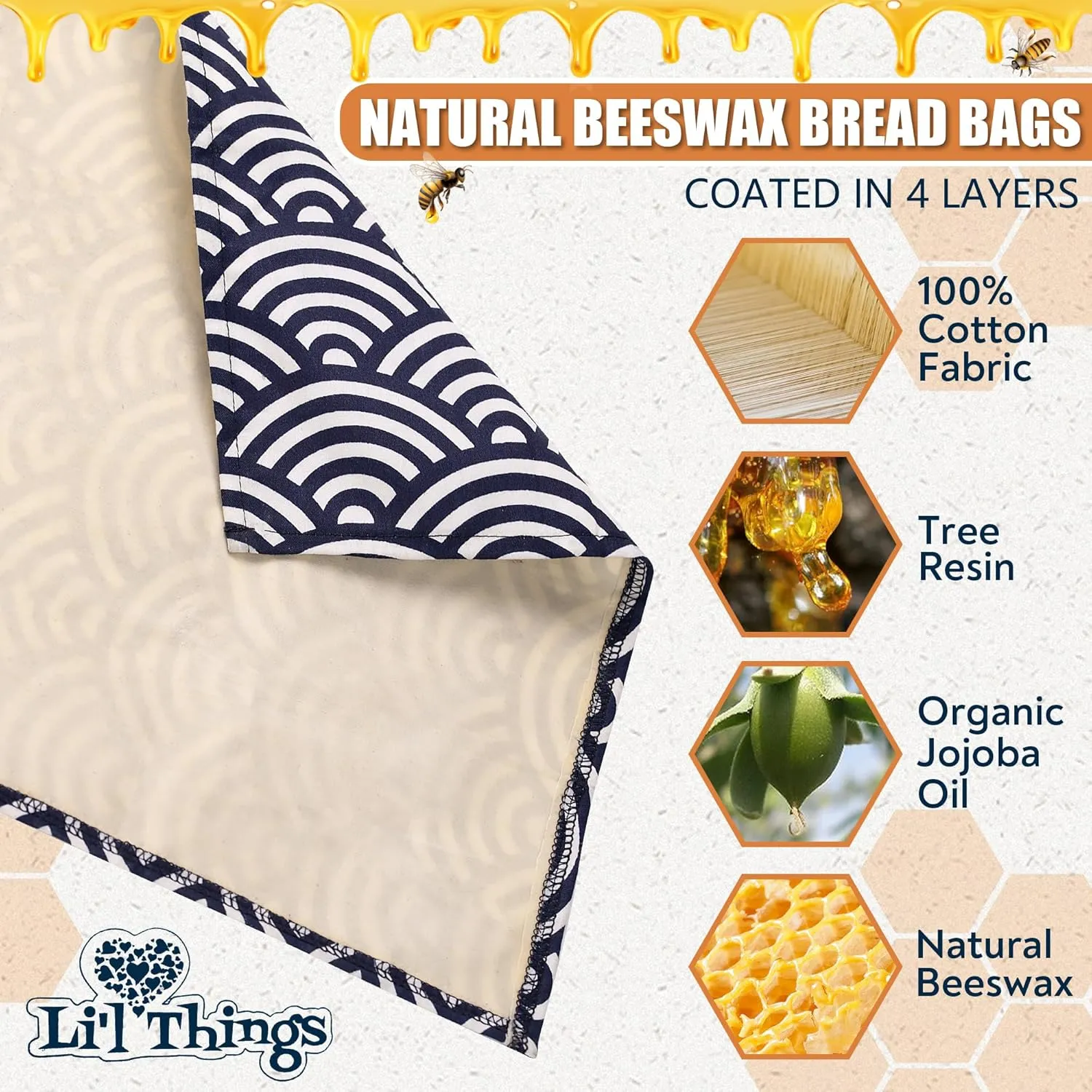 Li'l Things Eco-friendly Reusable Beeswax Bread bags | Improved Beeswax Coating | Set of 2 Sizes |13'x13' & 15’x 9’ | 6 Different Themes | Home Baked Store-Bought Bread | Japanese Seigaiha Waves