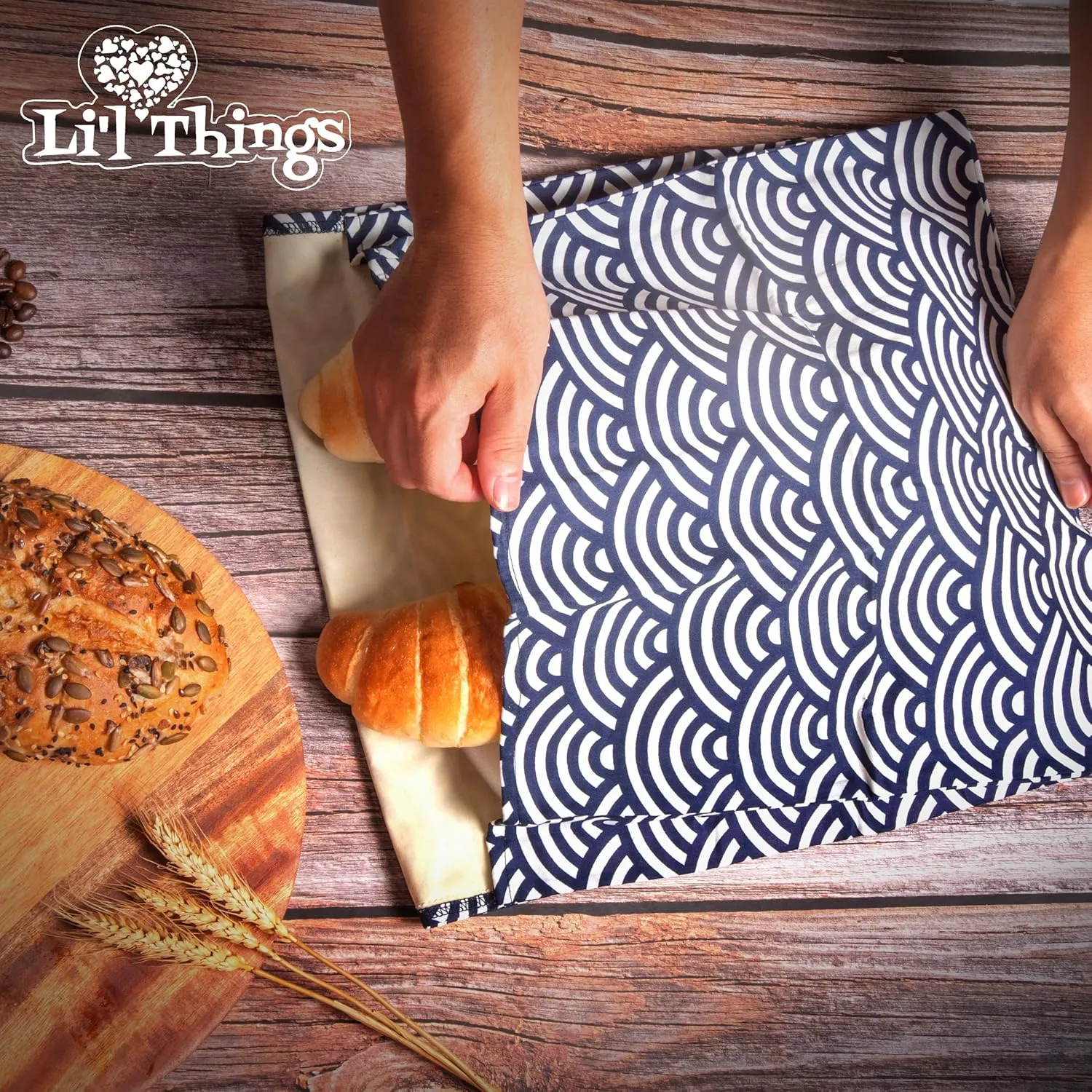 Li'l Things Eco-friendly Reusable Beeswax Bread bags | Improved Beeswax Coating | Set of 2 Sizes |13'x13' & 15’x 9’ | 6 Different Themes | Home Baked Store-Bought Bread | Japanese Seigaiha Waves