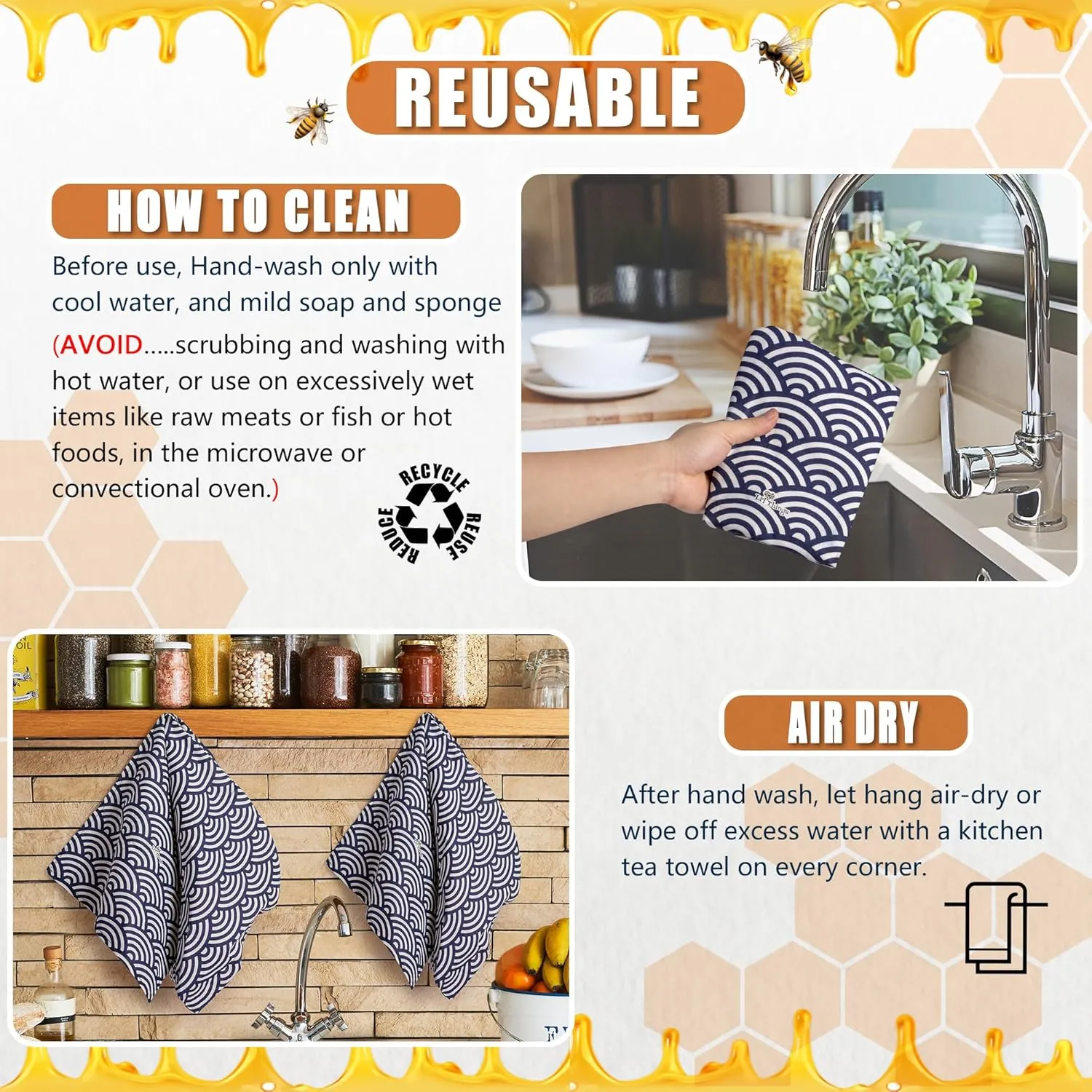 Li'l Things Eco-friendly Reusable Beeswax Bread bags | Improved Beeswax Coating | Set of 2 Sizes |13'x13' & 15’x 9’ | 6 Different Themes | Home Baked Store-Bought Bread | Japanese Seigaiha Waves