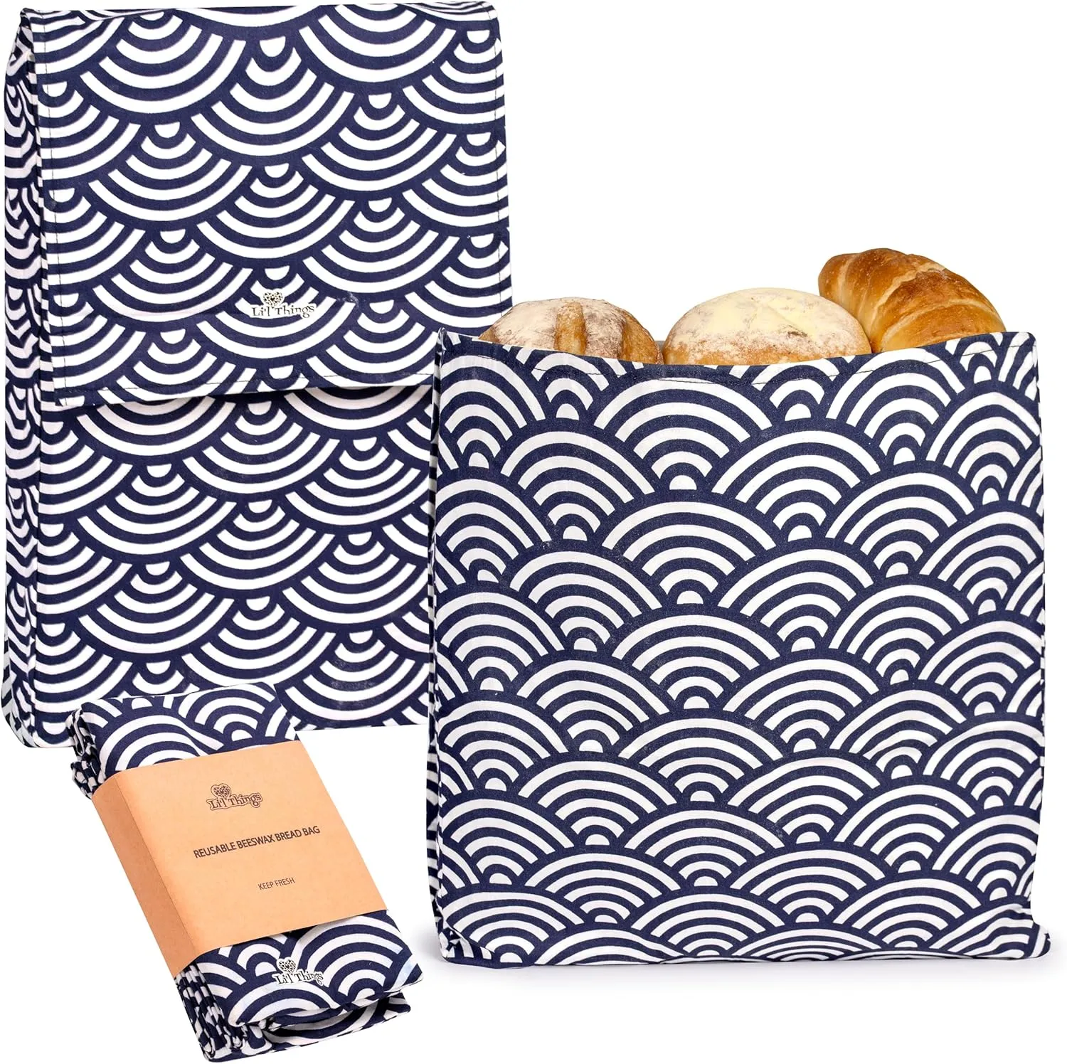 Li'l Things Eco-friendly Reusable Beeswax Bread bags | Improved Beeswax Coating | Set of 2 Sizes |13'x13' & 15’x 9’ | 6 Different Themes | Home Baked Store-Bought Bread | Japanese Seigaiha Waves